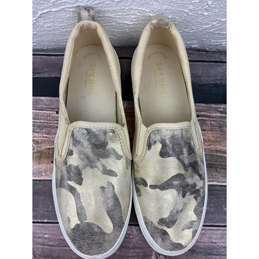 Sperry Crest Twin Gore Sneakers Womens 8.5 Metallic Ivory Camo Slip On STS87041